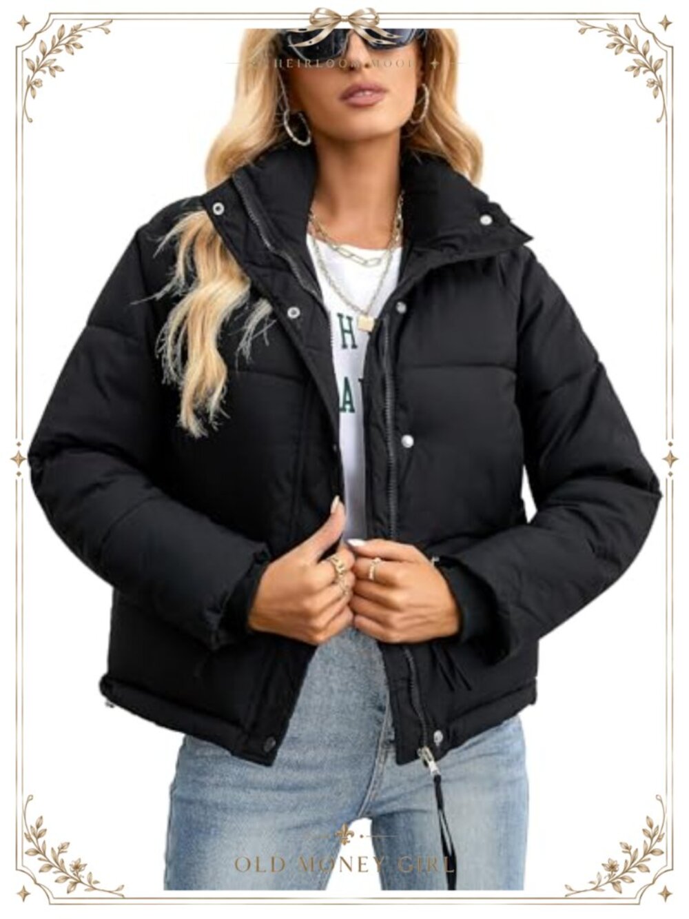 Cropped Puffer Jacket Full Zip Quilted Warm Winter Coat Pockets
